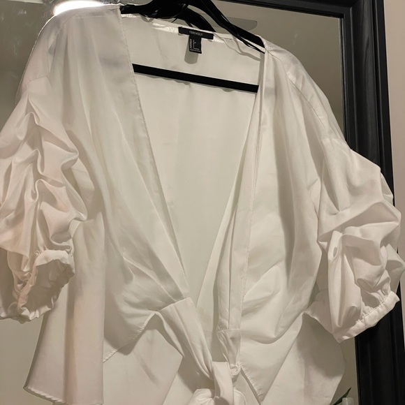 WORN ONCE White Rushed Lantern Sleeve Wrap Blouse - Picture 6 of 11
